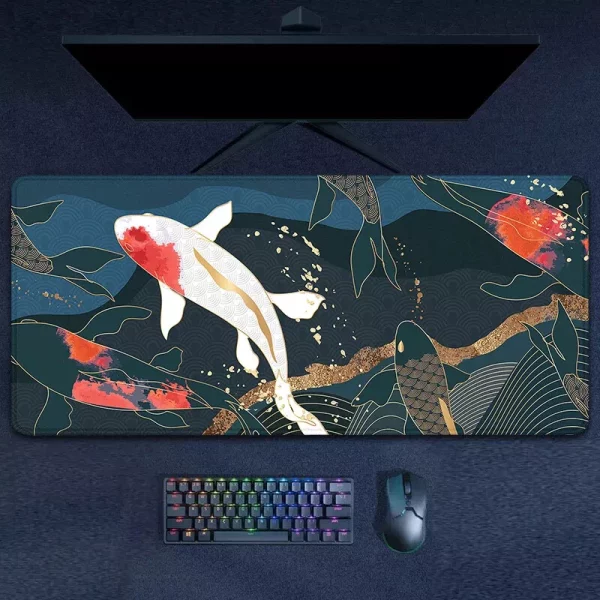 Japanese Desk  Fish Mousepad Black Gold Large Xxl Gaming Deskmat